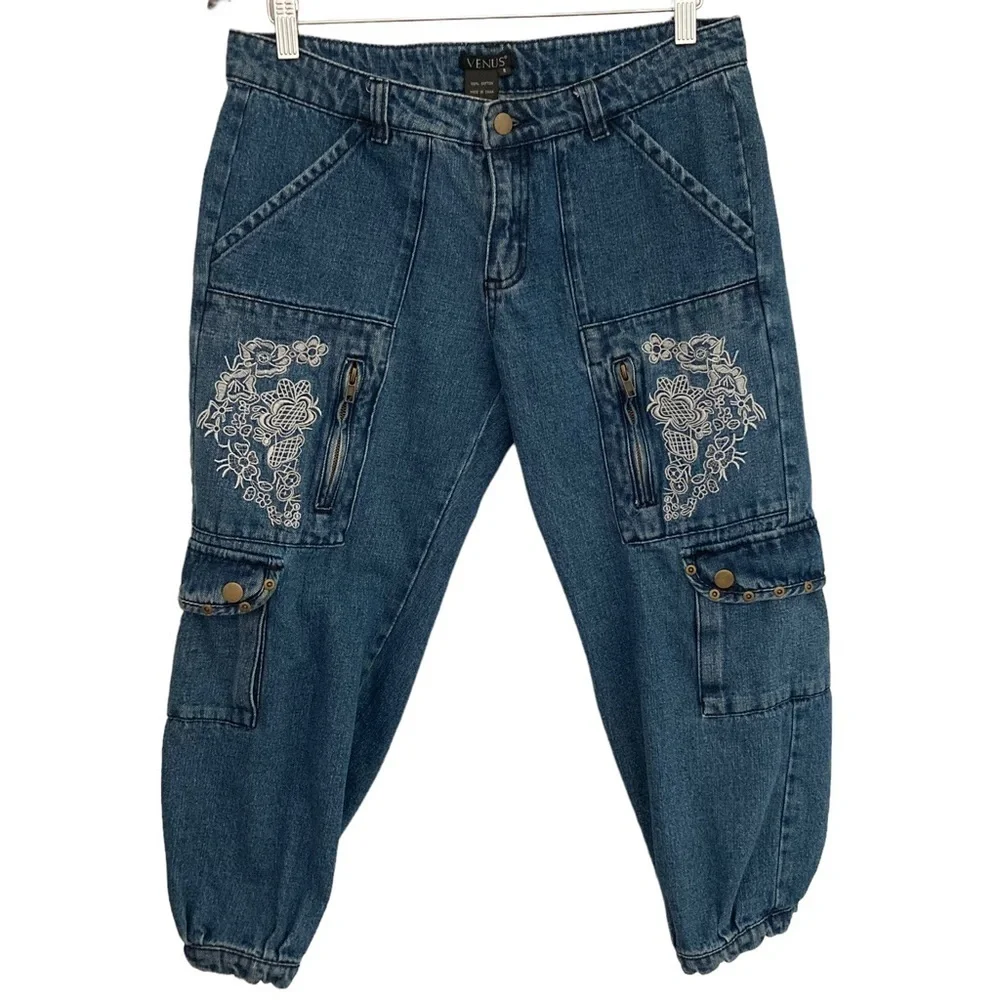 Venus Embroidered Y2K Cropped Denim Cargo Style Jeans 8